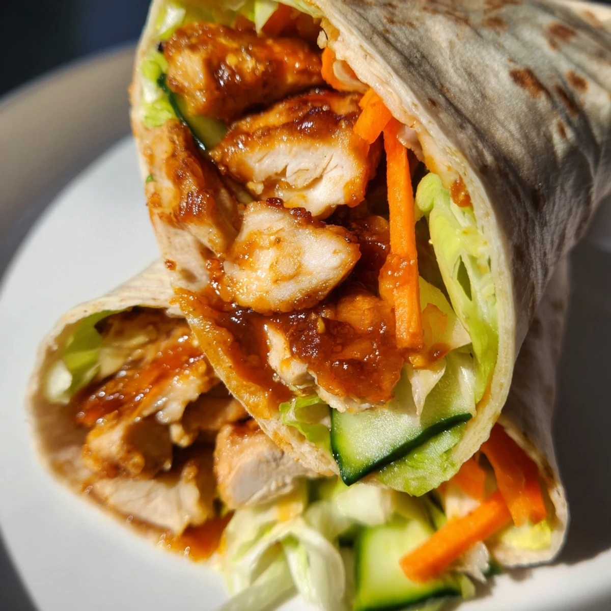 Close-up of a sliced Honey Chili Crunch Chicken Wrap showing layers of shredded carrot and scallions.  