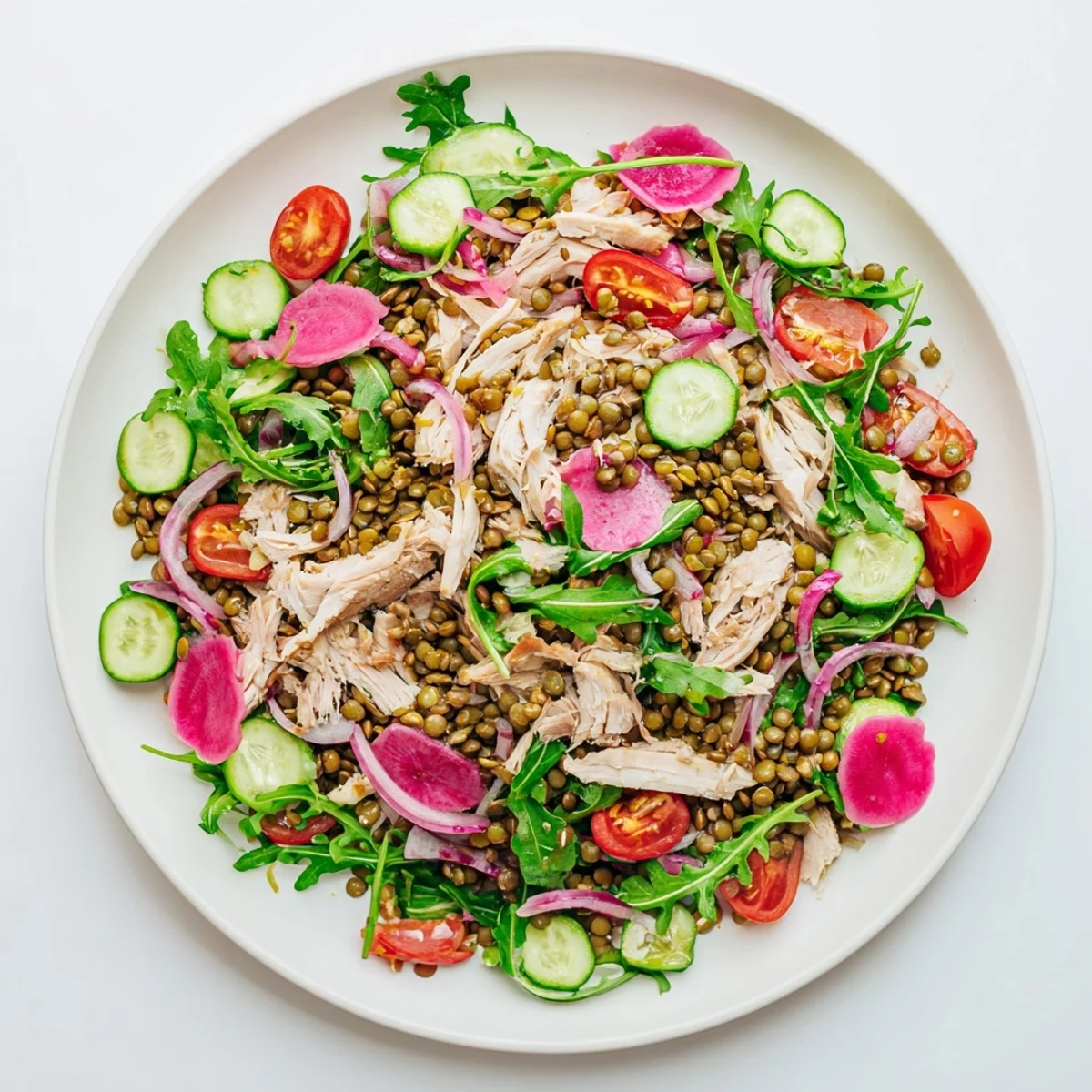 Fresh, vibrant Lentil & Chicken Spring Salad with tender lentils, roasted chicken, peppery arugula, and tangy pickled onions.
