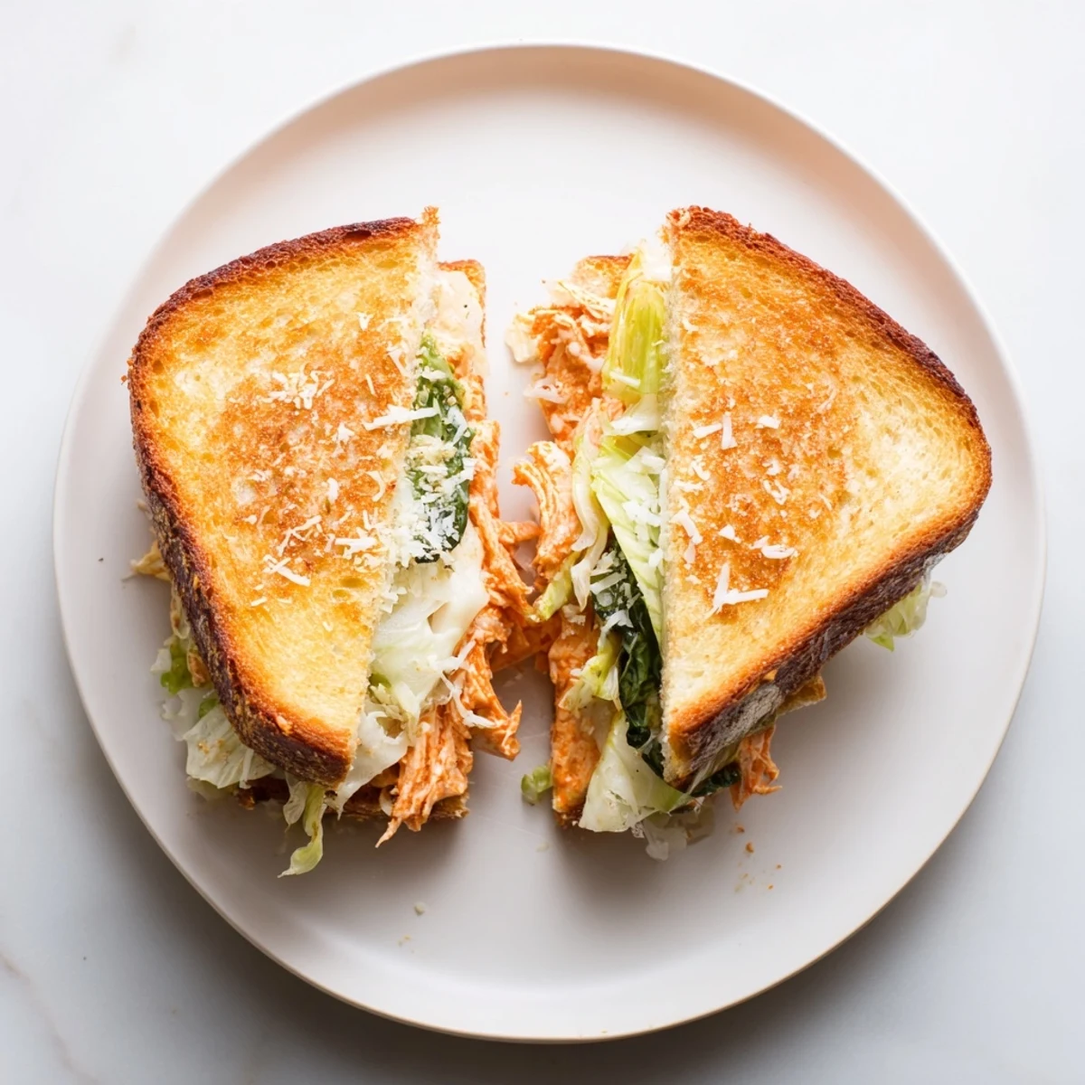 Grilled Buffalo Chicken Caesar Grilled Cheese sandwich cut diagonally, revealing layers of chicken, lettuce, and dressing.