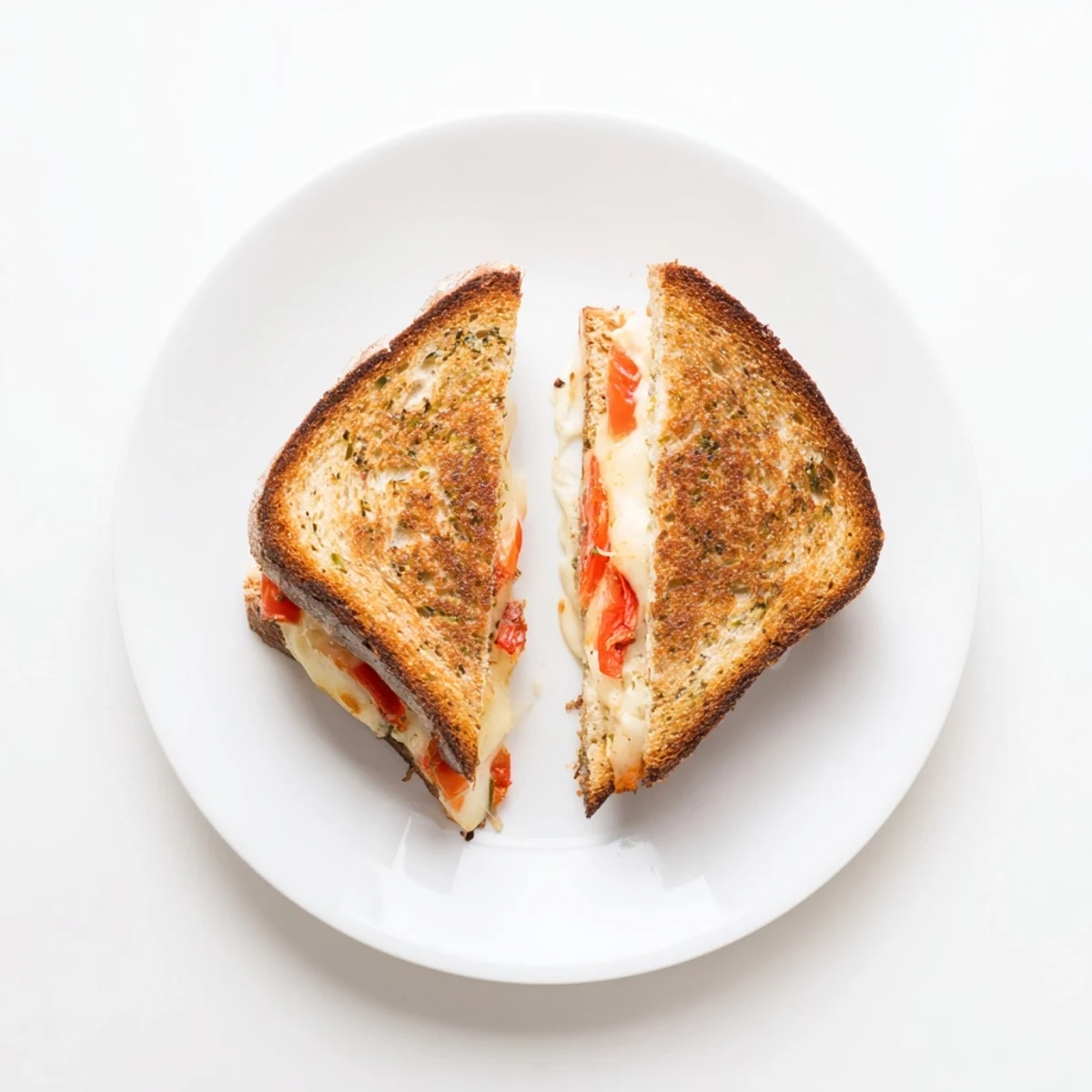 Close-up of a spicy Pepper Jack & Tomato Grilled Cheese, oozing with melted cheese and ripe tomato, served on a rustic cutting board.