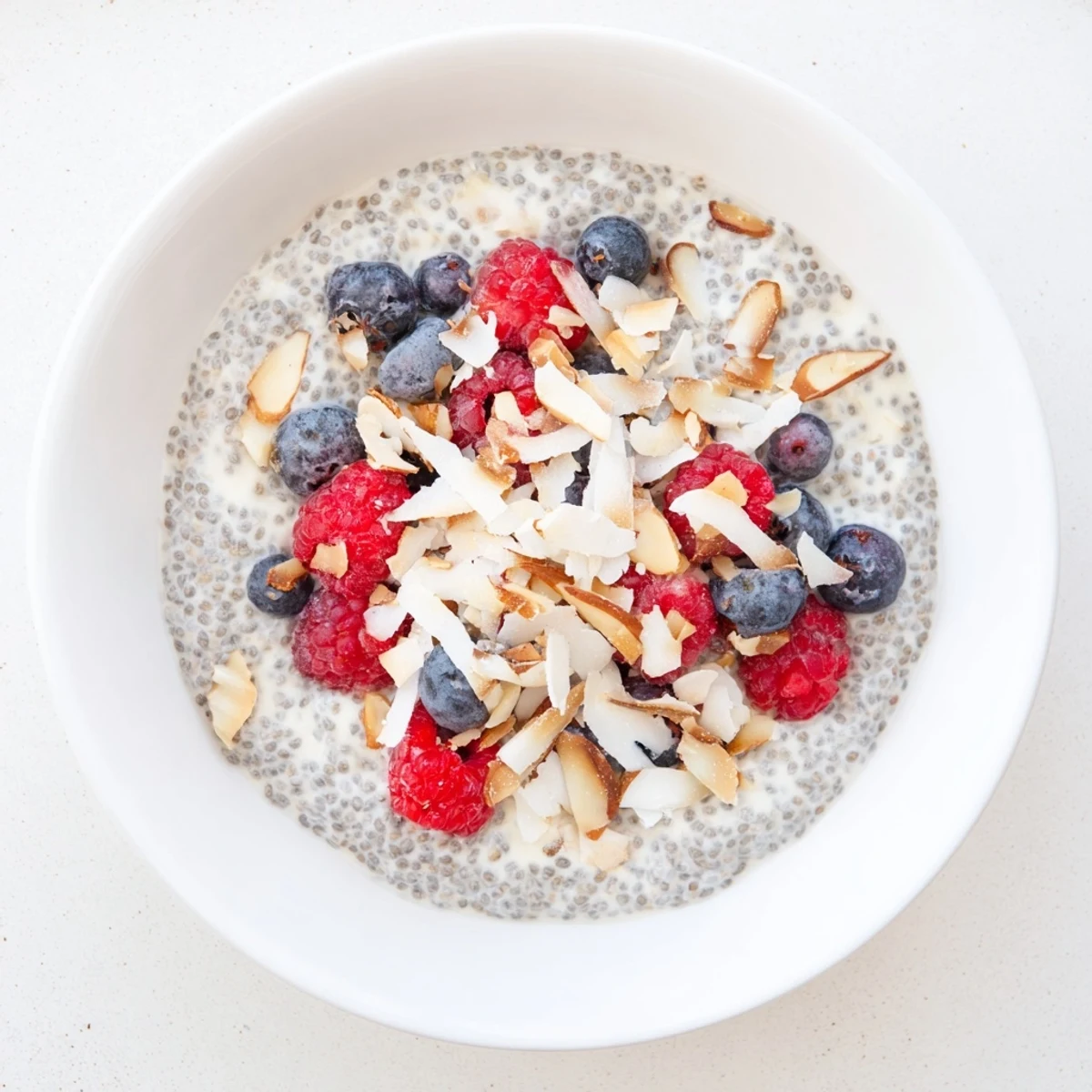 A close-up of Poppy Seed Chia Pudding topped with raspberries, coconut flakes, and a drizzle of honey.  