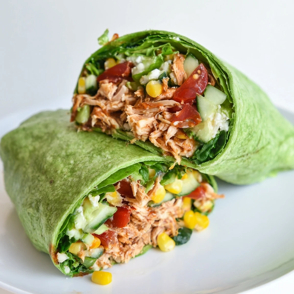 Freshly made BBQ Chicken Salad Wrap sliced in half, showing smoky BBQ chicken, crisp romaine lettuce, cherry tomatoes, and cucumber in a green spinach tortilla.