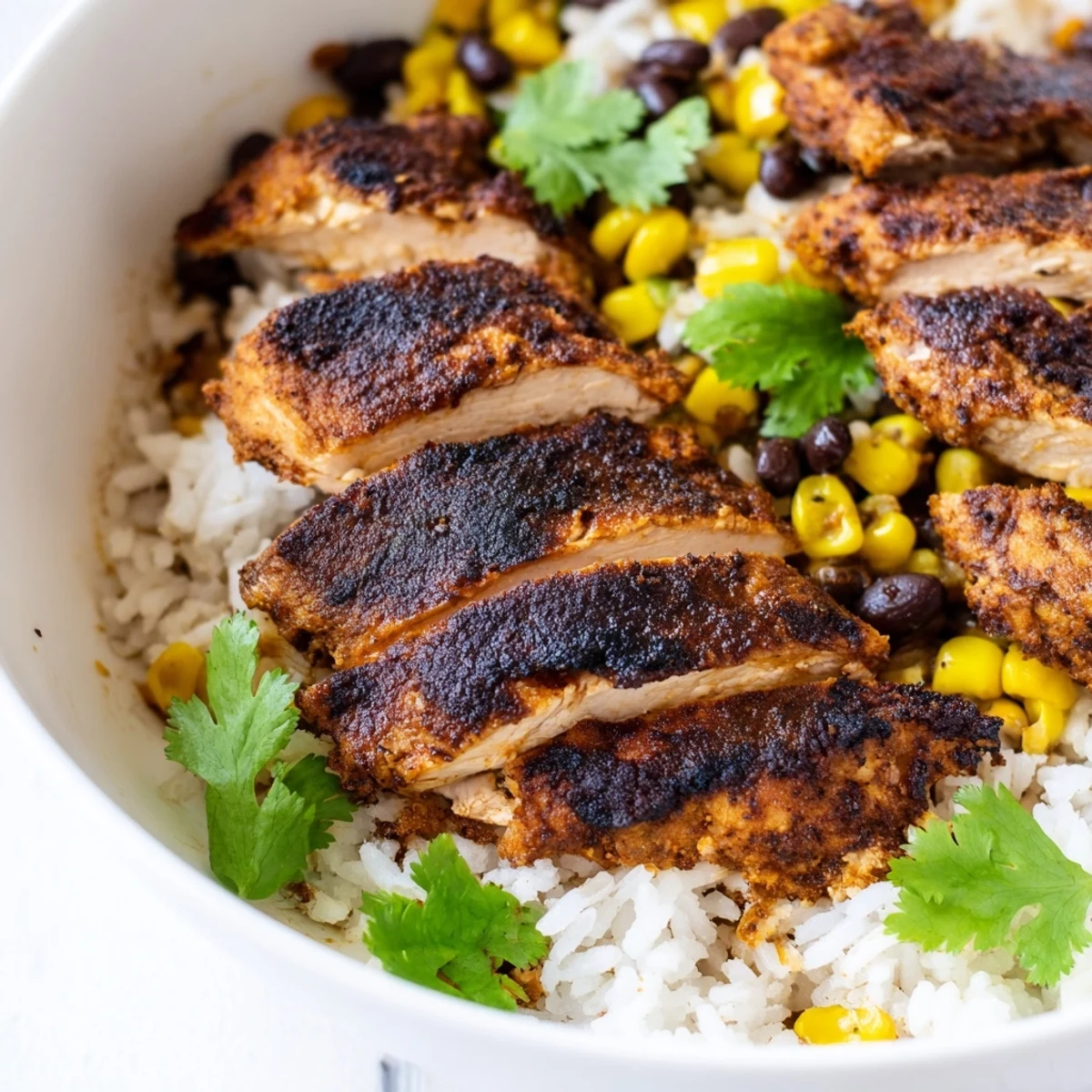 A vibrant Spicy Chicken Burrito Bowl featuring fluffy rice, charred chicken, black beans, corn, and zesty salsa.