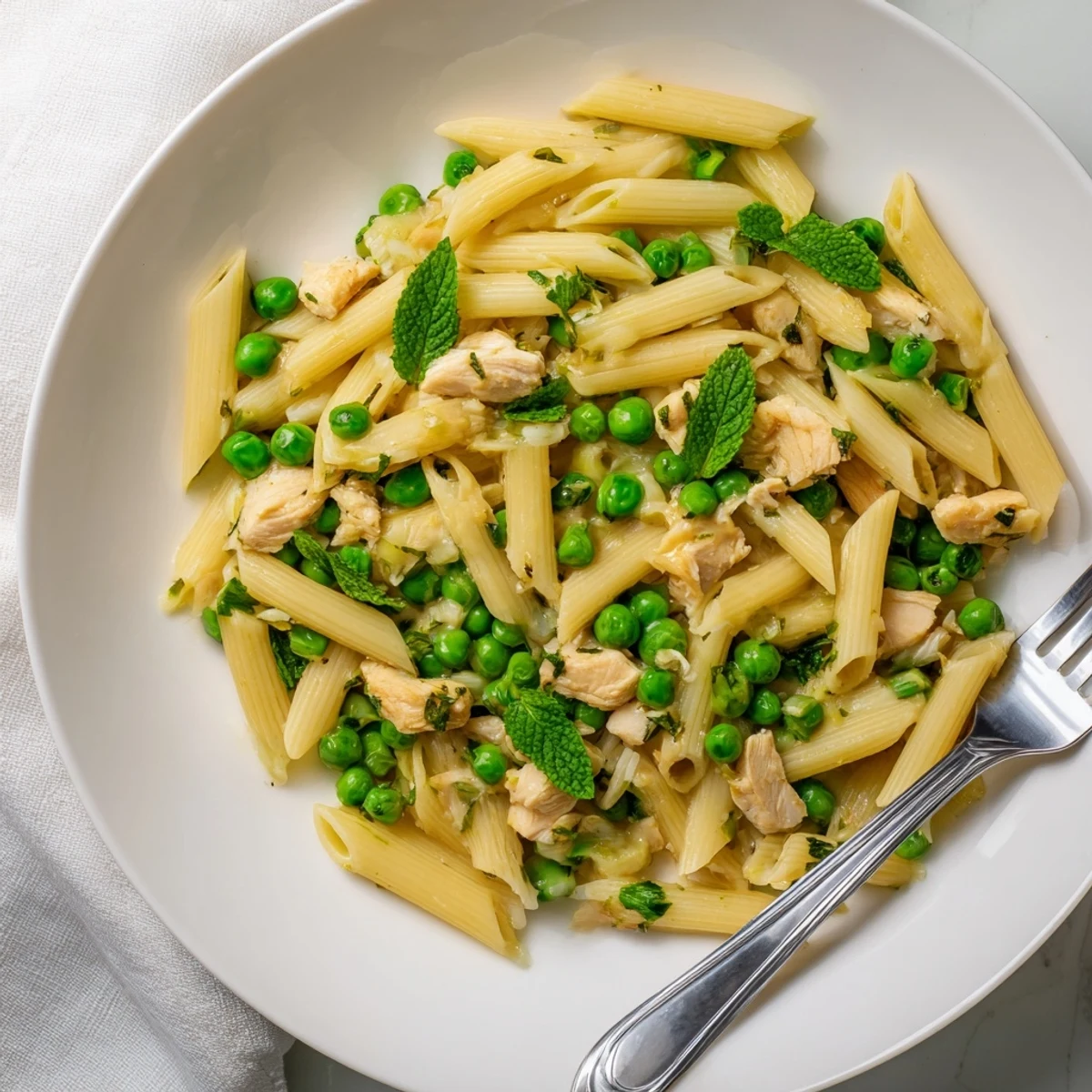 A close-up of spring-inspired Pea & Mint Chicken Pasta garnished with herbs and parmesan for a savory main dish.