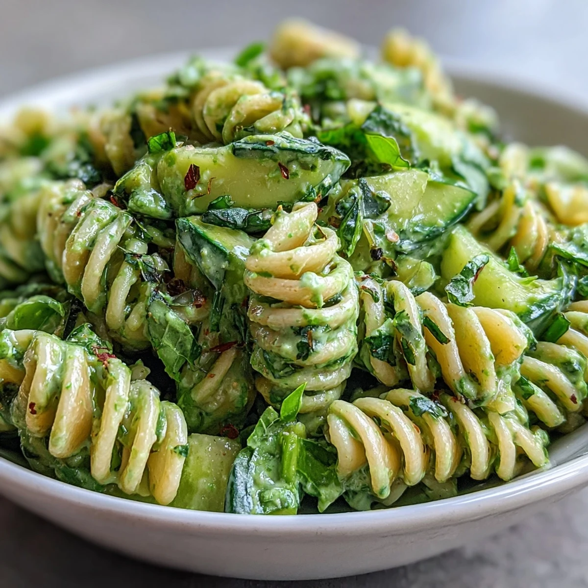 A close-up of vibrant Green Goddess Pasta Salad with fusilli, diced cucumber, and fresh herbs in a creamy avocado dressing.