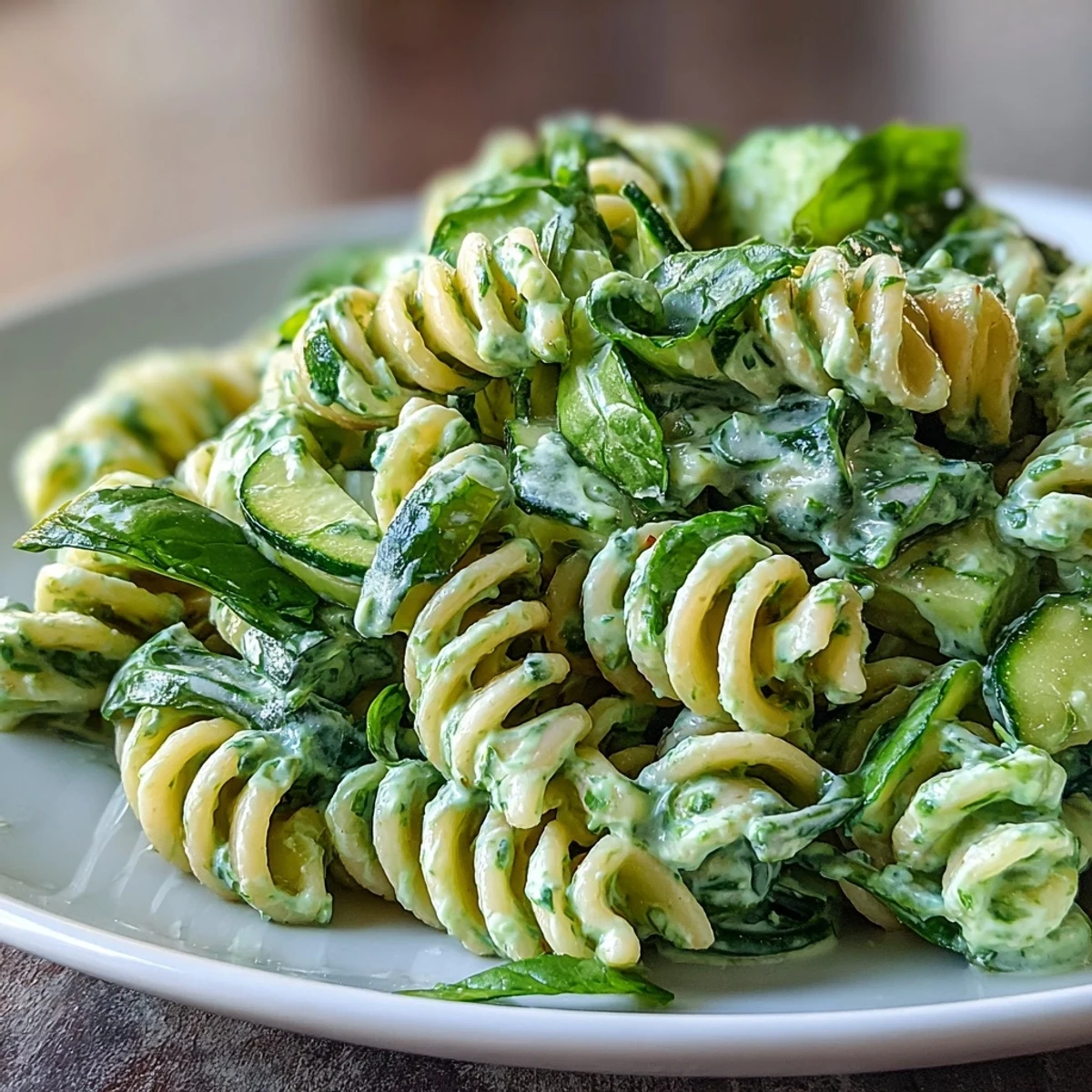 Healthy Green Goddess Pasta Salad tossed with baby spinach and a bright avocado-yogurt dressing, perfect for picnics and potlucks.