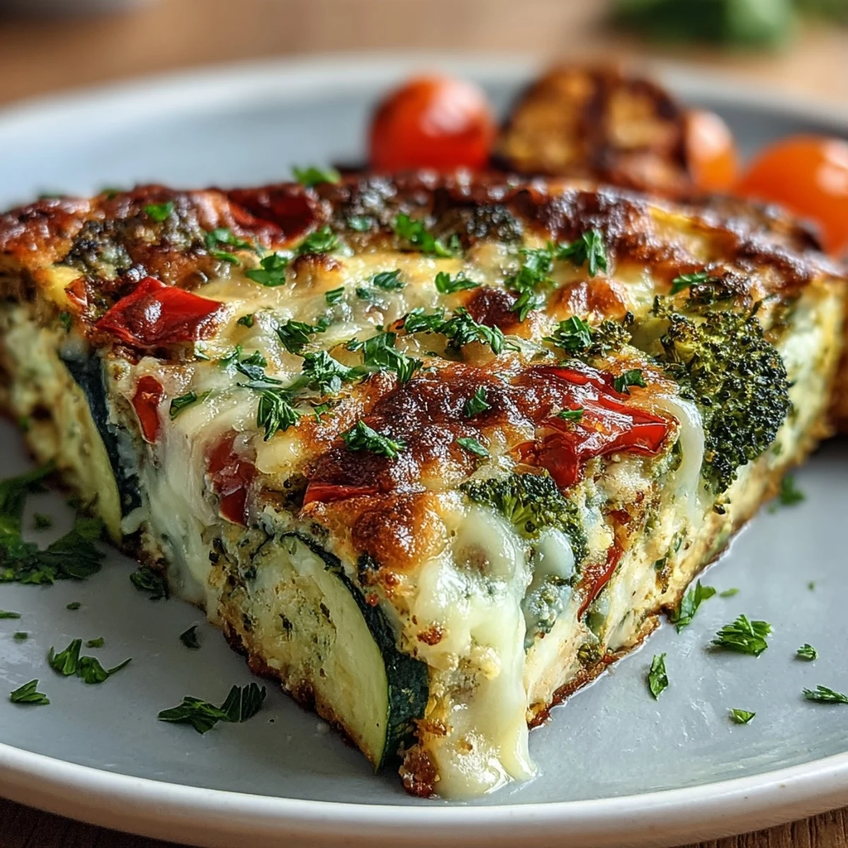 Slice of golden vegetable frittata served on a white plate, perfect for a healthy breakfast or brunch.  