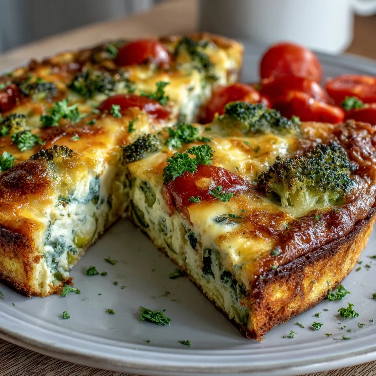 A freshly baked vegetable frittata in a skillet, packed with broccoli, bell peppers, and melted cheddar cheese.  