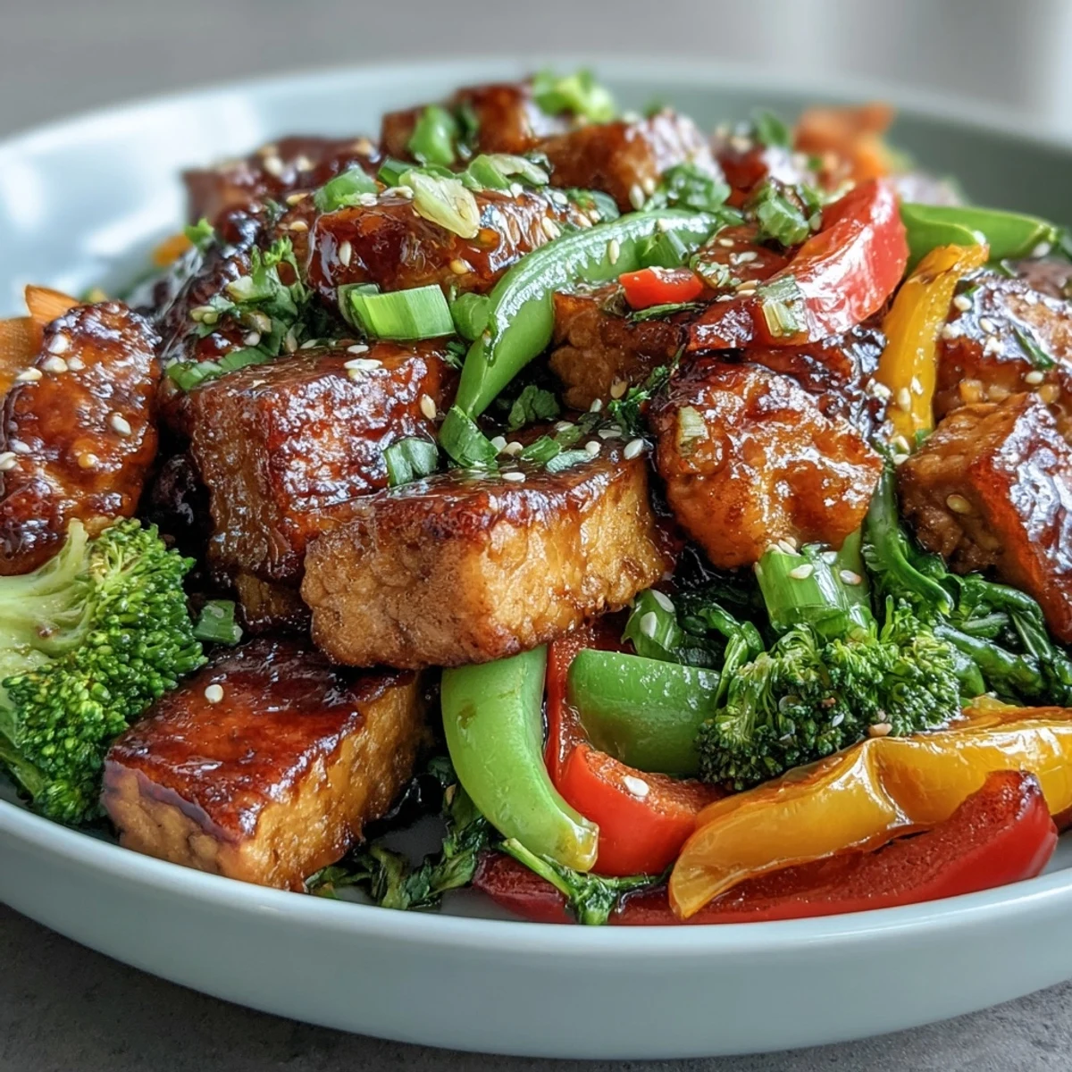 Golden-brown tempeh cubes and crisp vegetables glisten with savory sauce in this vibrant Vegetable Tempeh Stir-Fry, served hot over fluffy rice.