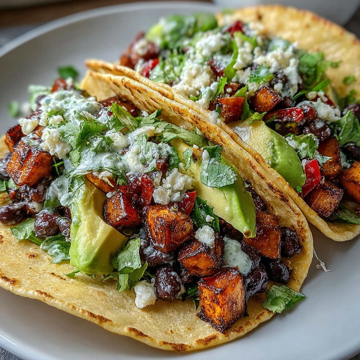Roasted sweet potatoes and black beans piled into warm corn tortillas for these vibrant, vegan Black Bean and Sweet Potato Tacos.