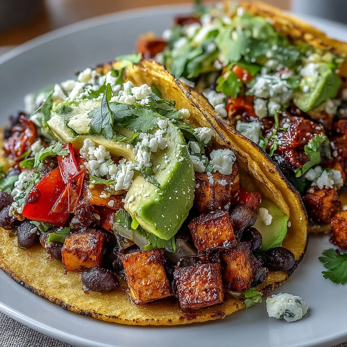 Ready-to-eat Black Bean and Sweet Potato Tacos served with lime wedges and a drizzle of vegan sour cream.