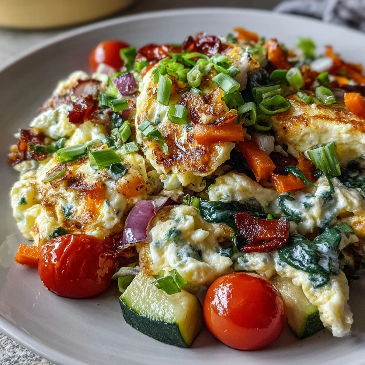 A close-up view of a fluffy Egg and Vegetable Scramble served in a white ceramic bowl, showcasing vibrant red tomatoes, green spinach, and yellow scrambled eggs.