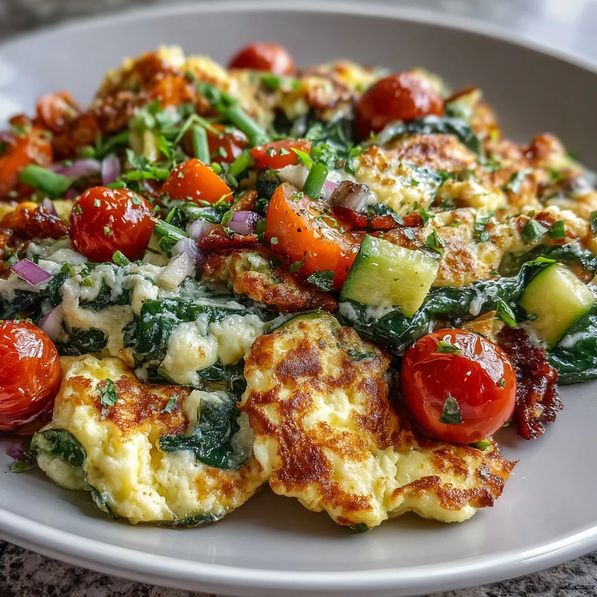 A steamy serving of Egg and Vegetable Scramble garnished with fresh parsley and chives, paired perfectly with a slice of whole grain toast on a rustic wooden table.