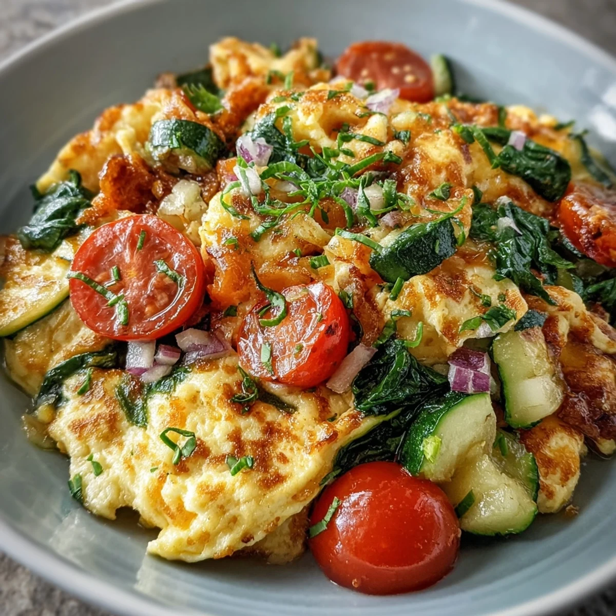 Vibrant diced red bell peppers and zucchini folded into soft, creamy scrambled eggs for a nutritious and colorful breakfast dish.