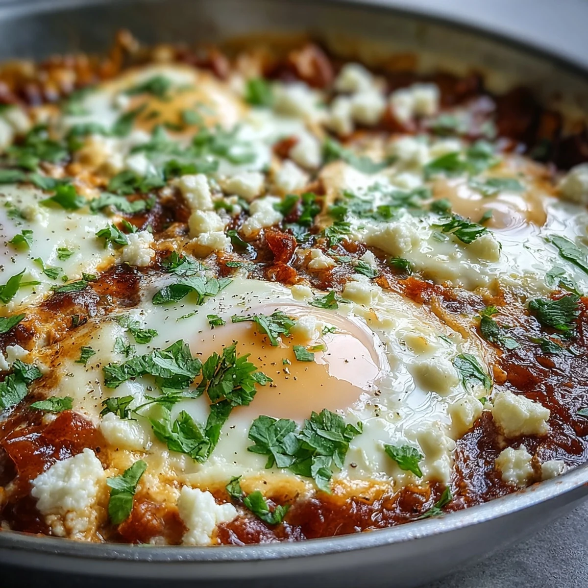 The shakshuka simmers in a skillet, with bright red sauce bubbling around six perfectly poached eggs, garnished with fresh parsley and crumbled feta cheese.