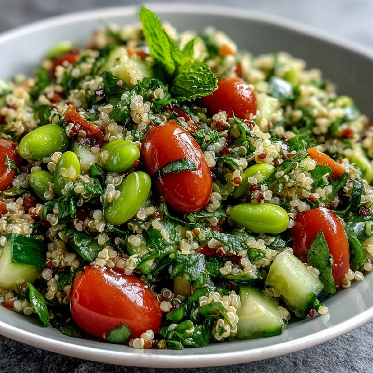 A vibrant Edamame and Quinoa Salad served in a white bowl, featuring red tomatoes, green cucumber, and fresh herbs for a refreshing meal.