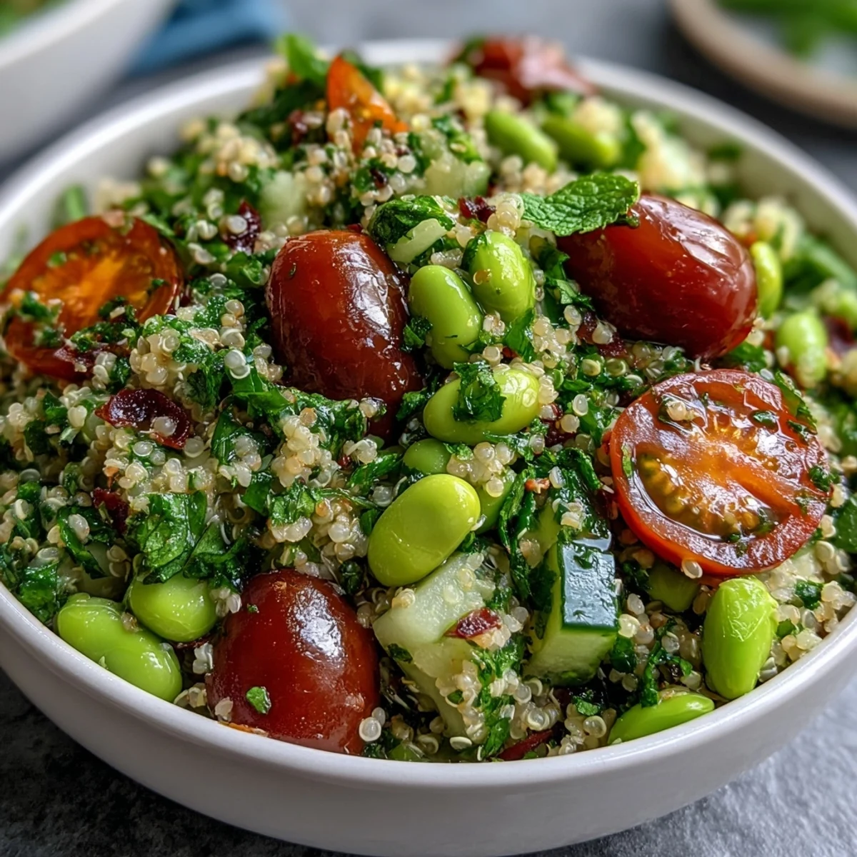 Savory Edamame and Quinoa Salad tossed with diced bell peppers and onions, drizzled with a bright citrus dressing on a rustic wooden table.