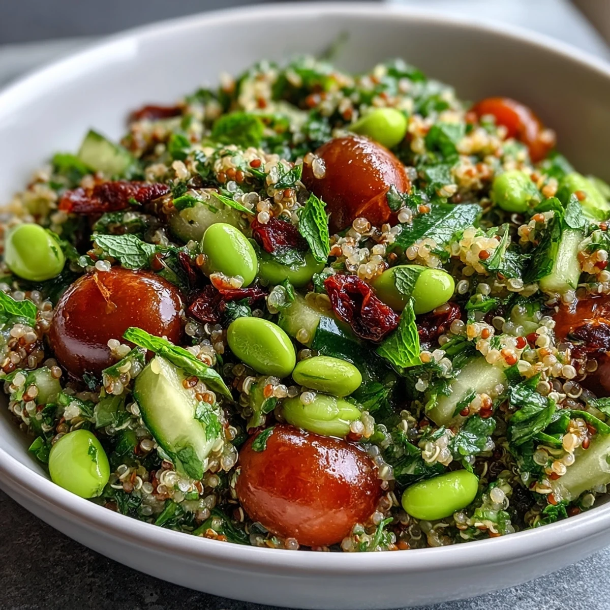 Healthy Edamame and Quinoa Salad with fluffy grains and tender legumes, garnished with mint and parsley, perfect for a light lunch or potluck.