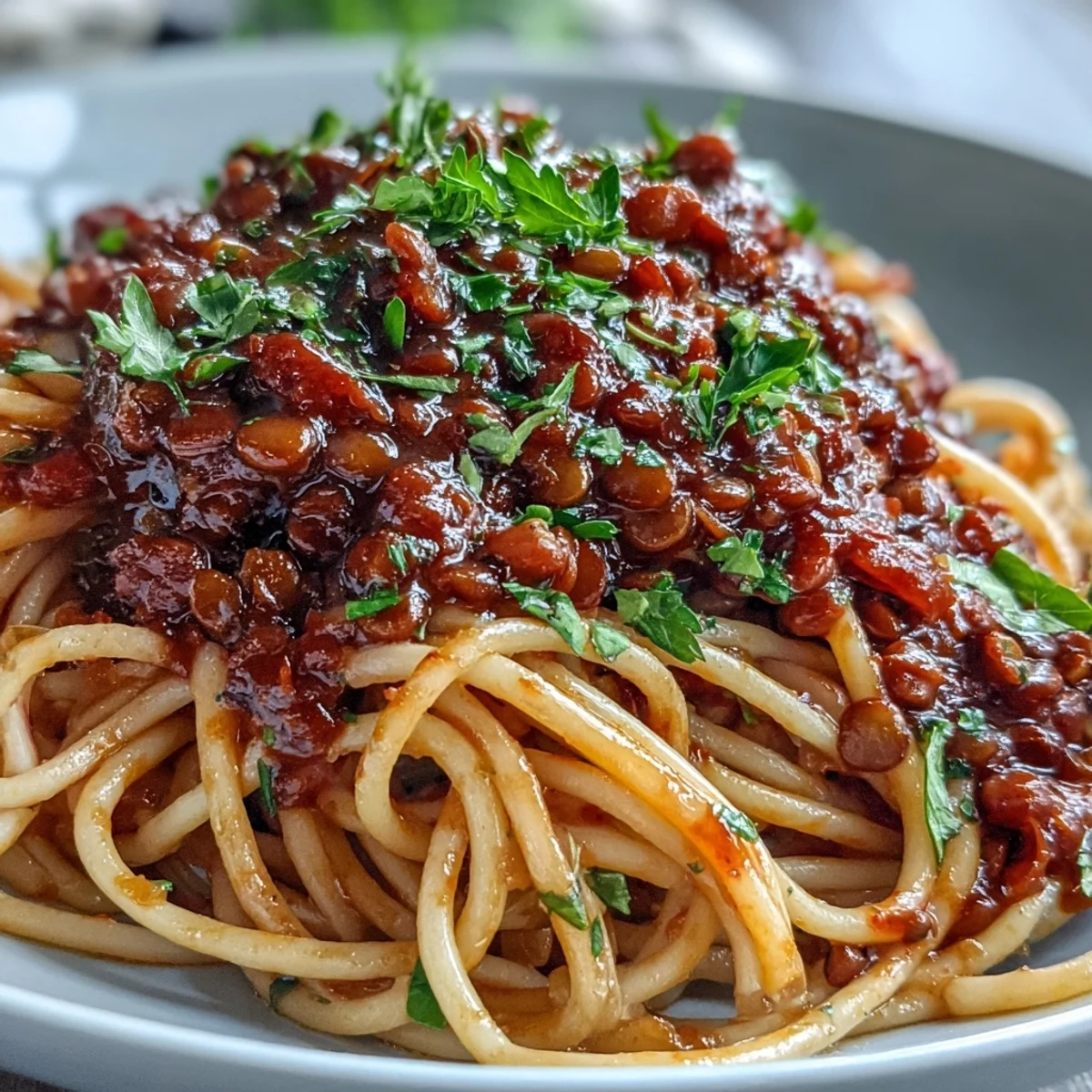A bowl of steaming Lentil Bolognese tossed with spaghetti, topped with fresh basil and grated Parmesan.