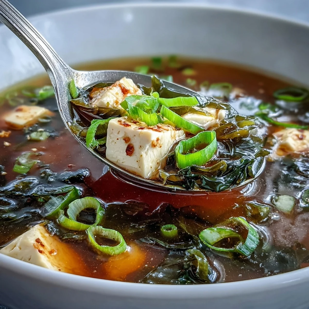 Steaming bowl of Miso Soup With Tofu featuring silken cubes, wakame seaweed, and fresh scallion garnish.