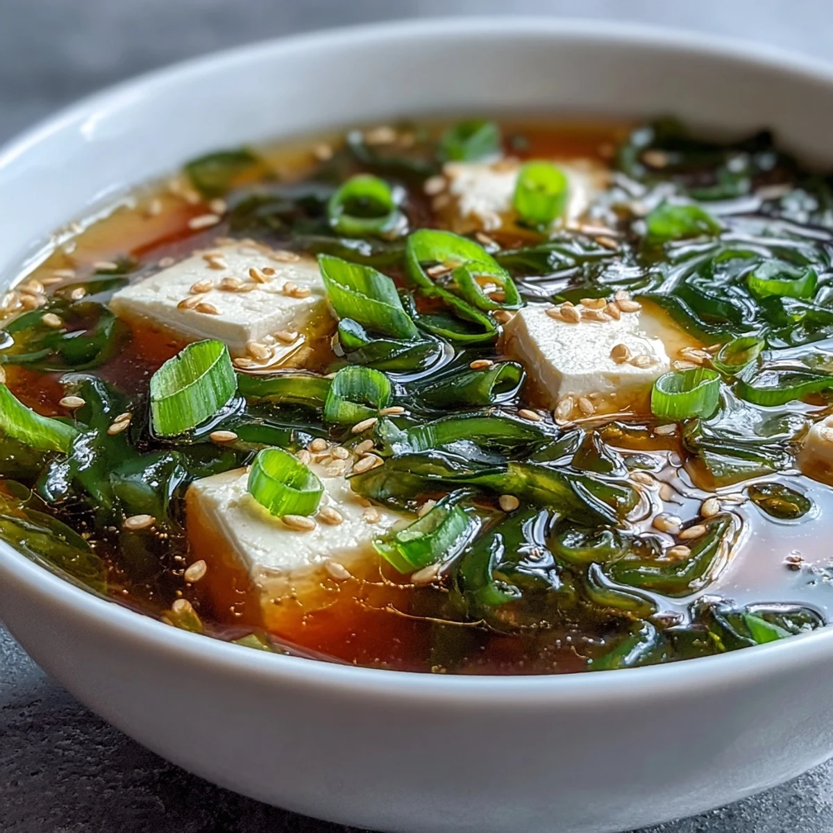 Homemade Miso Soup With Tofu, a comforting Japanese broth with soft tofu cubes and rehydrated seaweed.