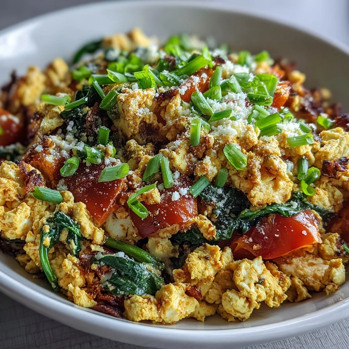 Golden turmeric tofu scramble sizzling in a skillet, dotted with vibrant red bell pepper, diced tomato, and fresh spinach leaves.