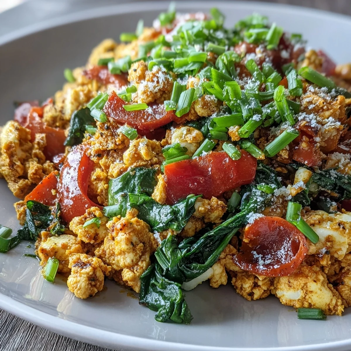 A close-up of fluffy plant-based tofu scramble garnished with chives, served alongside creamy avocado slices and buttered toast.