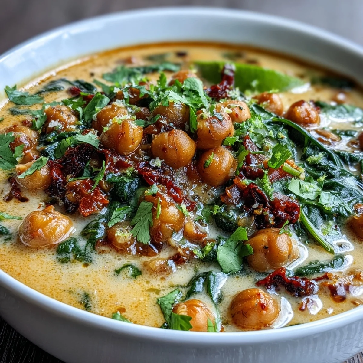 A vibrant bowl of Chickpea Curry garnished with fresh cilantro and lime wedges, served over fluffy basmati rice.