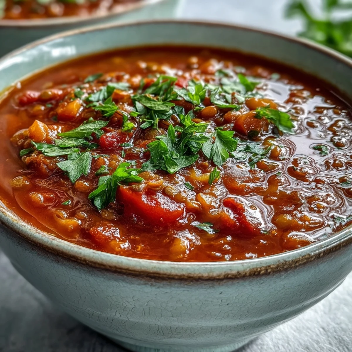 Tomato lentil soup simmering in a pot with diced carrots, celery, and steam rising, ready to serve.  