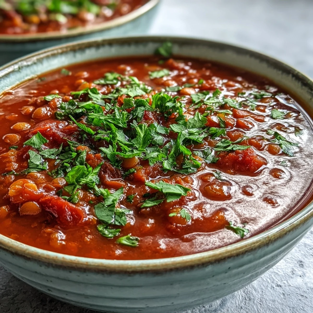 Vibrant red tomato lentil soup in a rustic bowl with a dollop of non-dairy yogurt on top.