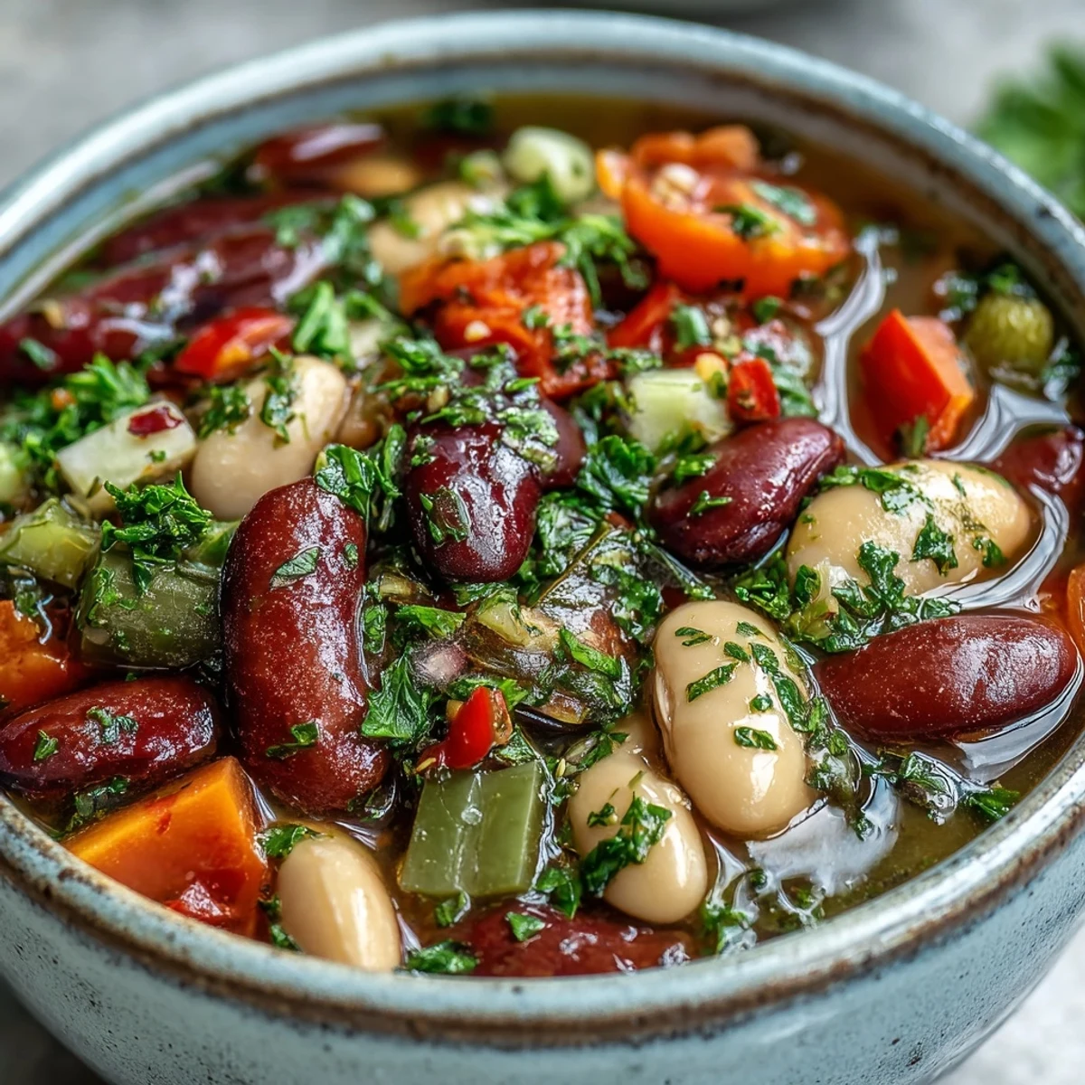 A vibrant Three-Bean Salad Soup in a rustic bowl, featuring red kidney beans, creamy cannellini, and green beans mingling with diced red bell pepper and fresh parsley.