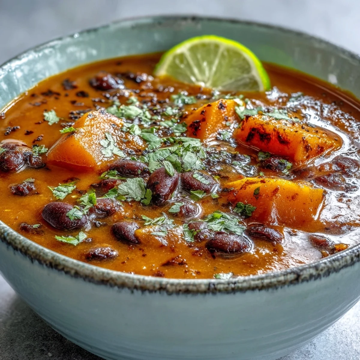 Vibrant Sweet Potato and Black Bean Soup served with crusty bread on a wooden table, ready to enjoy.
