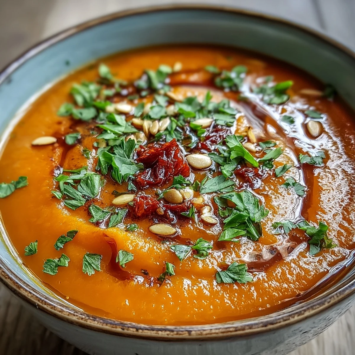 A bowl of creamy roasted vegetable soup garnished with fresh parsley and a drizzle of olive oil.
