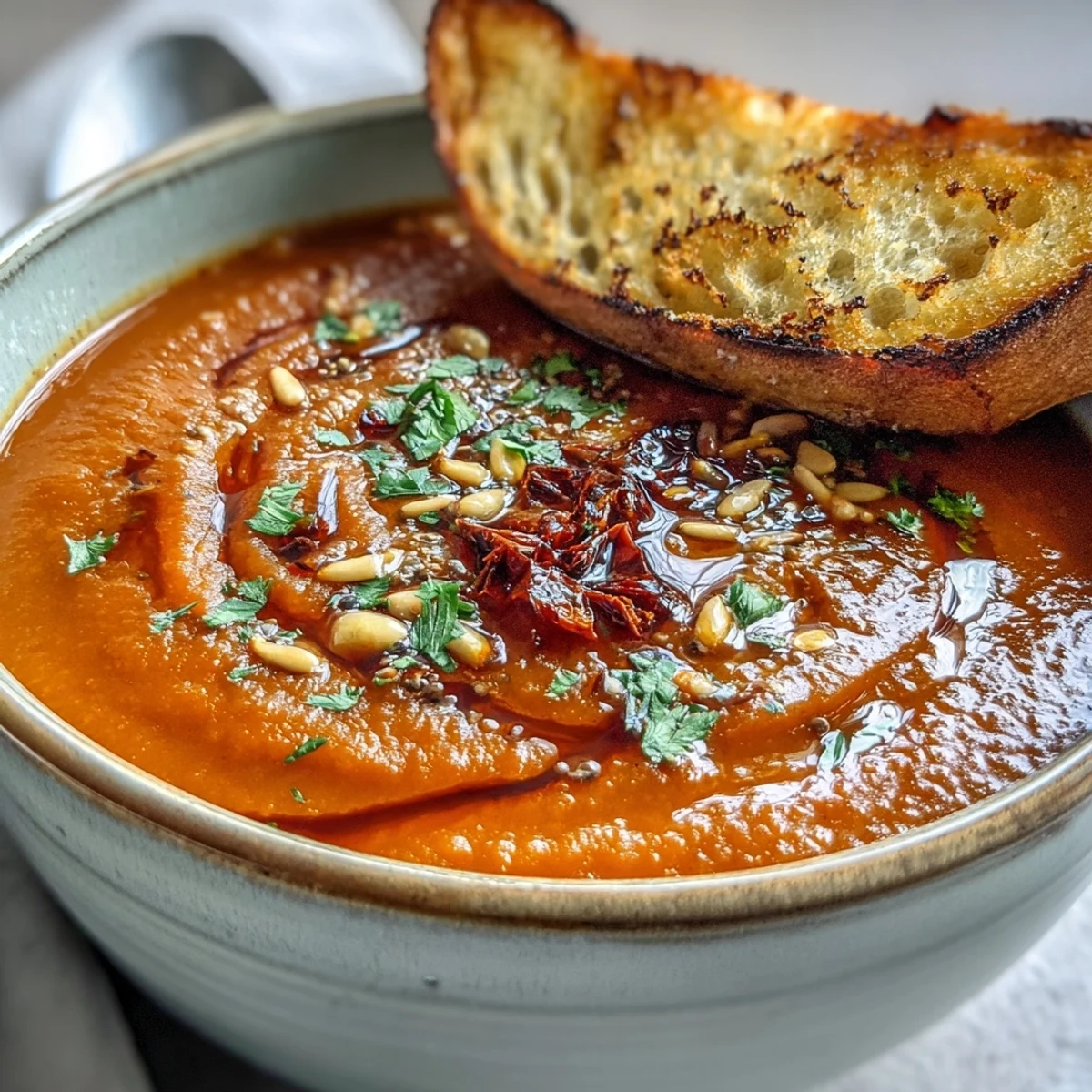 Roasted vegetable soup in a rustic bowl, topped with crunchy croutons and served alongside warm bread.