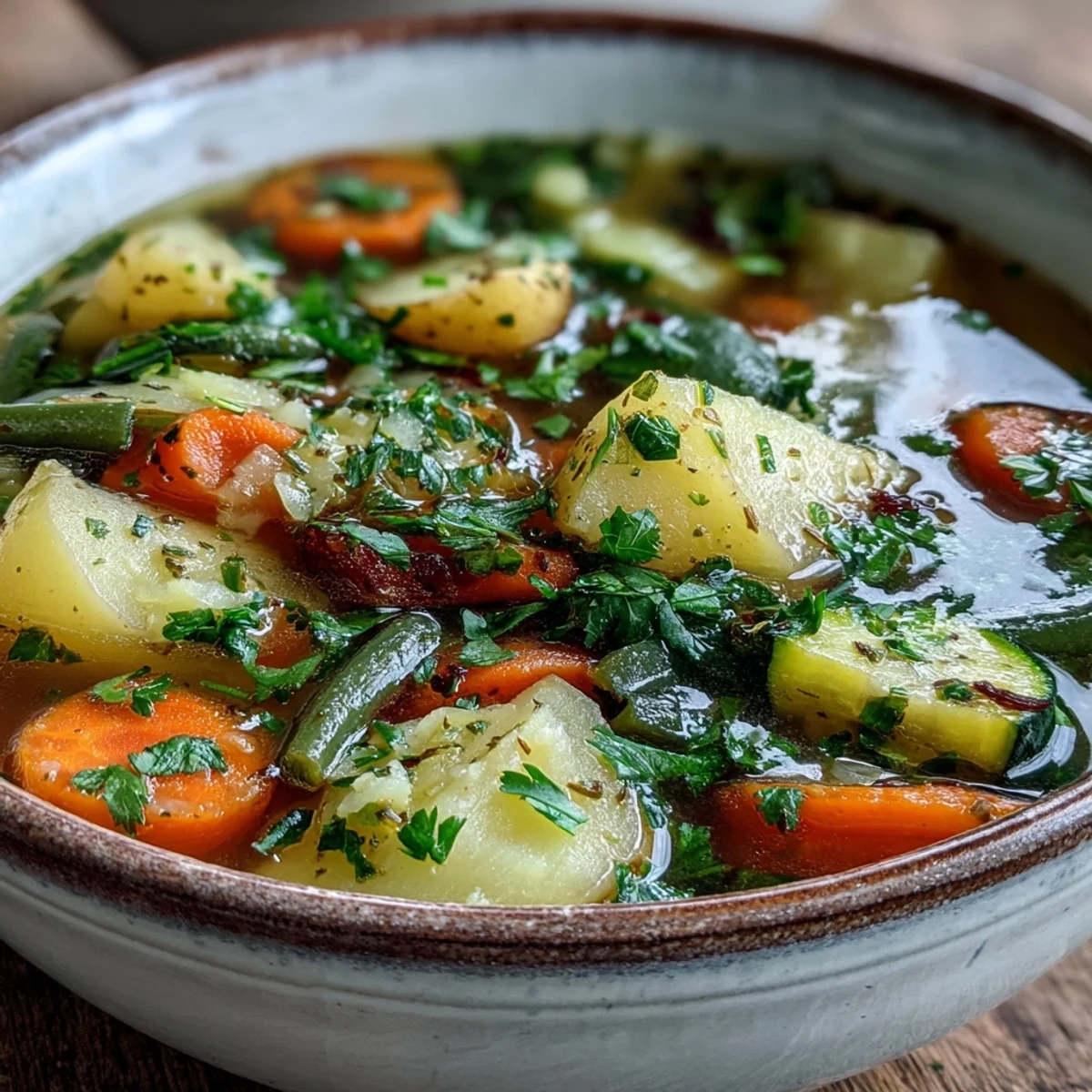 A steaming bowl of Potato and Vegetable Soup, brimming with tender potatoes, carrots, and peas, garnished with fresh parsley and ready to enjoy.