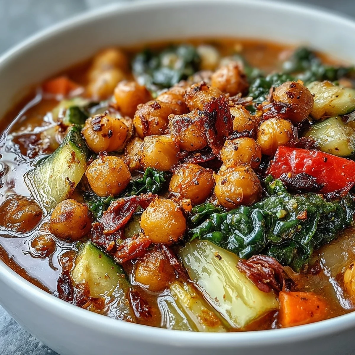 Steaming bowls of Spiced Chickpea and Vegetable Soup topped with fresh cilantro and golden roasted chickpeas.