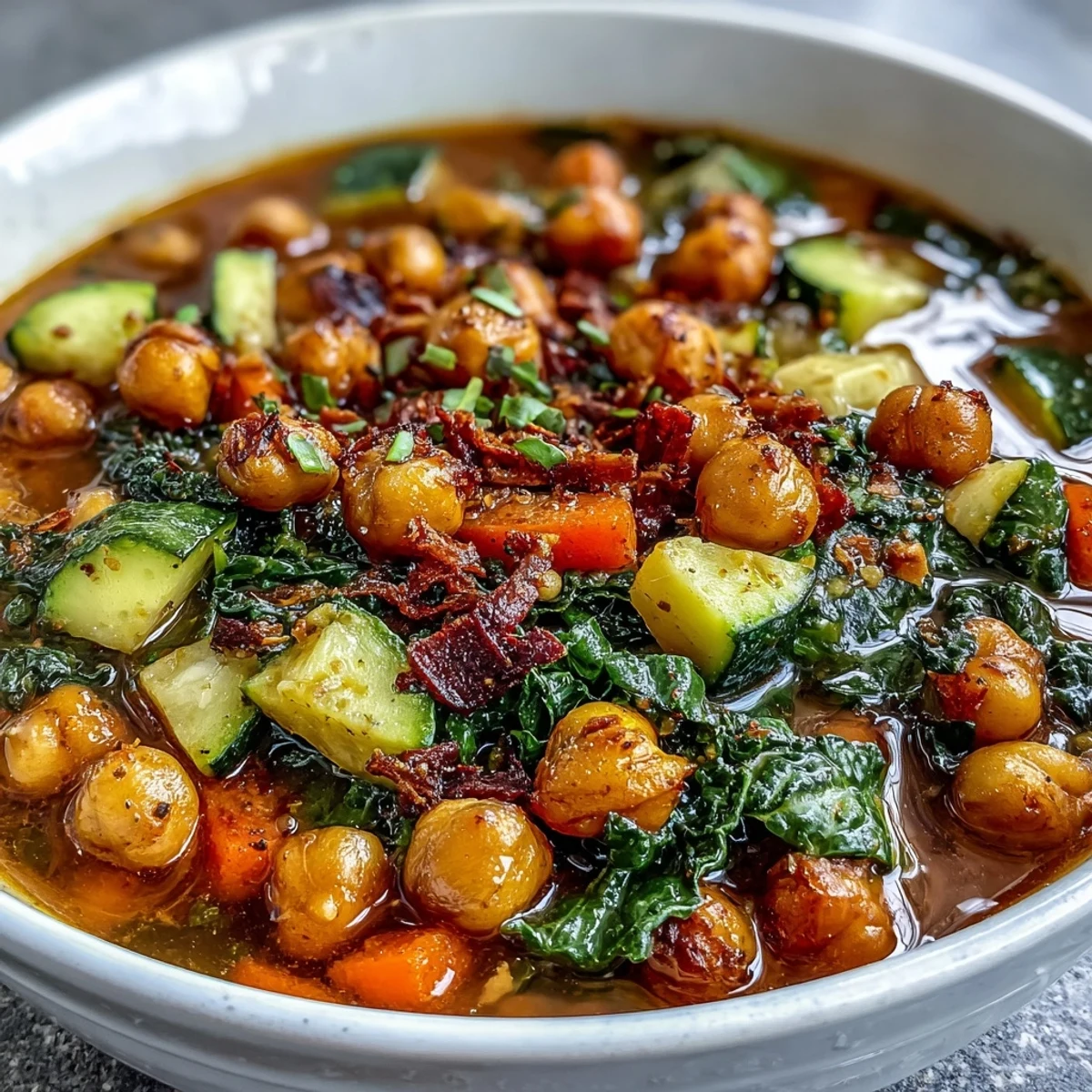 Spoon lifting a hearty serving of Spiced Chickpea and Vegetable Soup with vibrant carrots and kale.