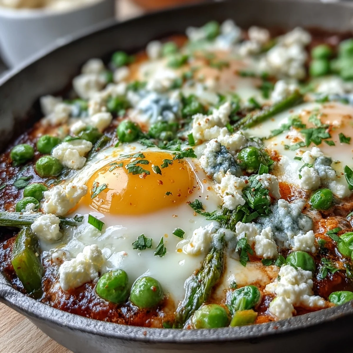 Sunny-side-up eggs nestle in the hearty Pea and Broad Bean Shakshuka, surrounded by asparagus and peas in a spiced tomato sauce.