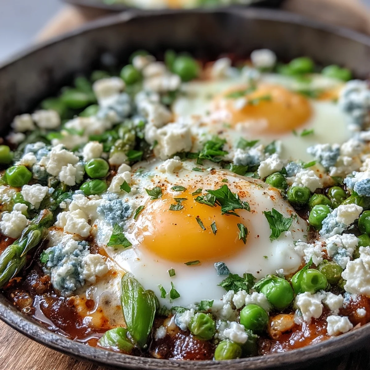 Savory Pea and Broad Bean Shakshuka simmers in a skillet with vibrant spring vegetables, topped with crumbled feta and fresh herbs.