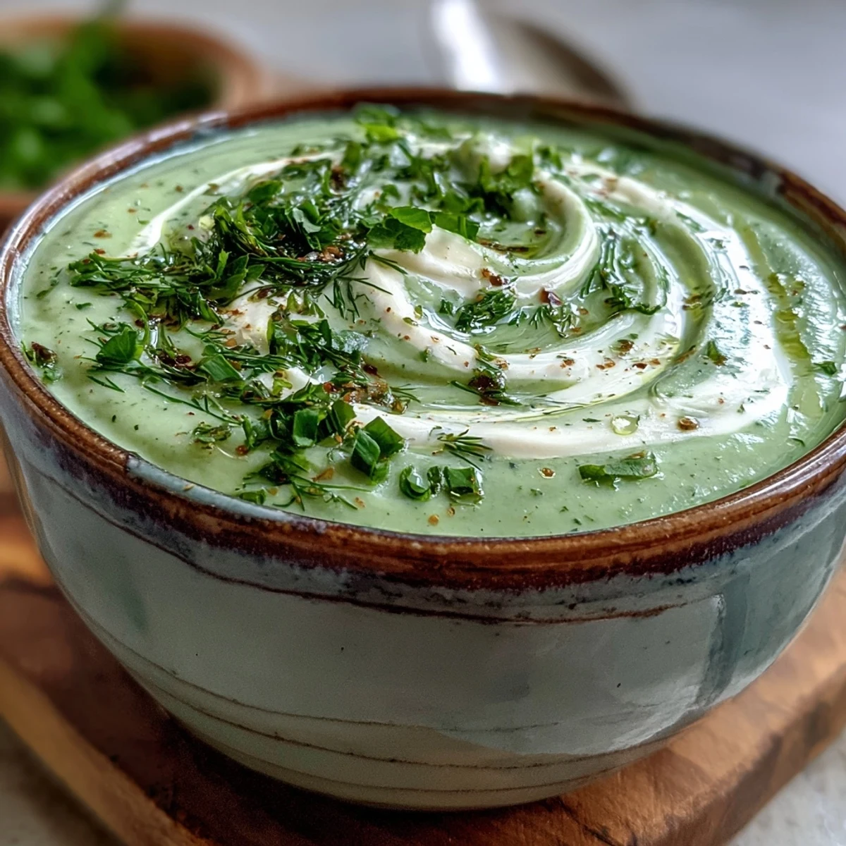 A steaming bowl of creamy celery and herb soup garnished with fresh parsley and dill.  