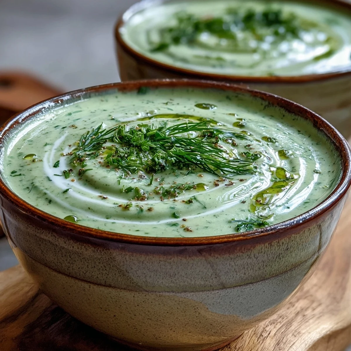 Creamy celery and herb soup served hot with a slice of crusty bread for dipping.  