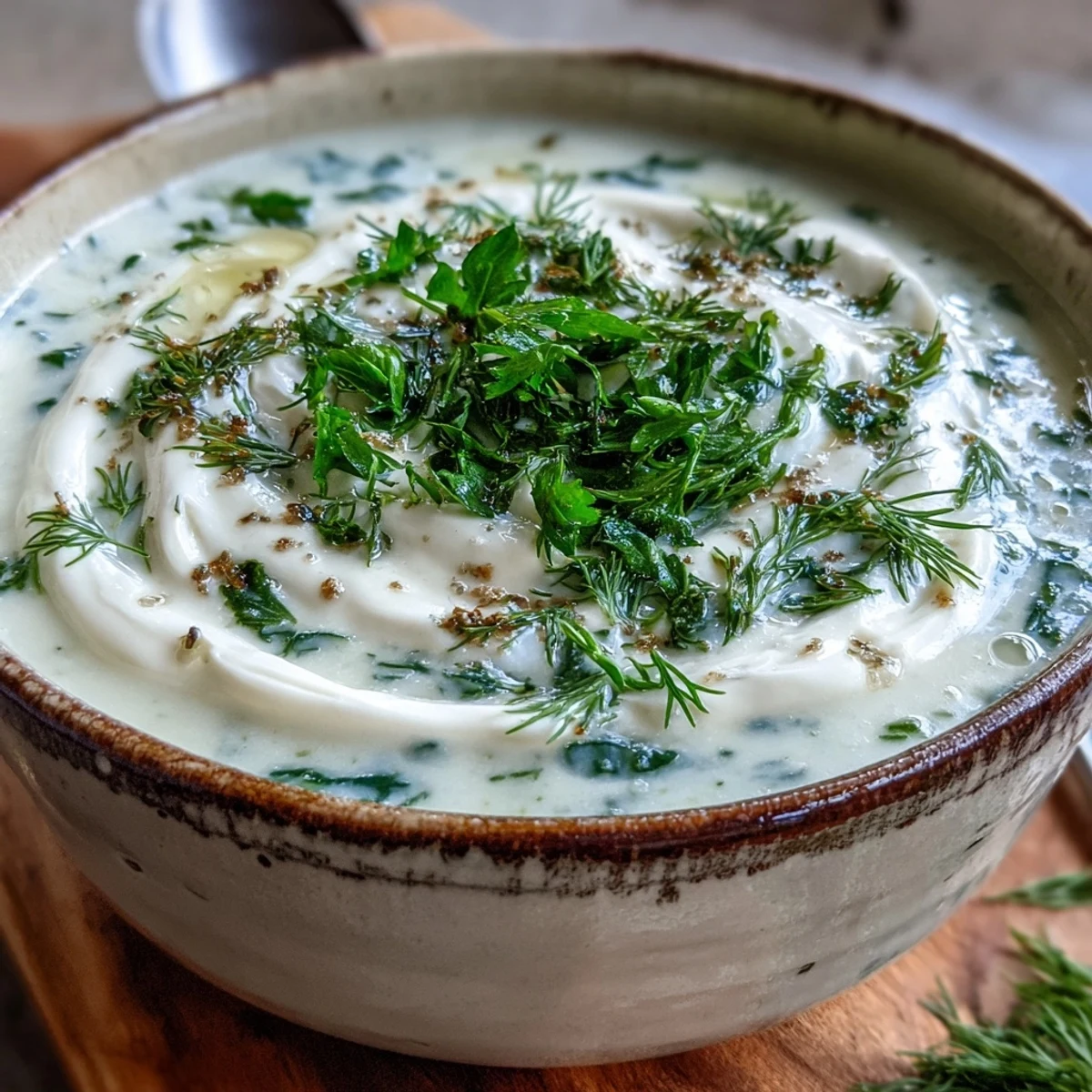 Silky blended creamy celery and herb soup with celery leaves and chives in a rustic bowl.
