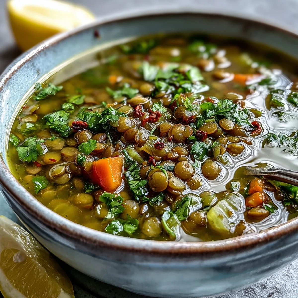 A steaming bowl of Mung Bean Soup garnished with fresh cilantro, showcasing tender beans and diced vegetables in a golden, turmeric-spiced broth.