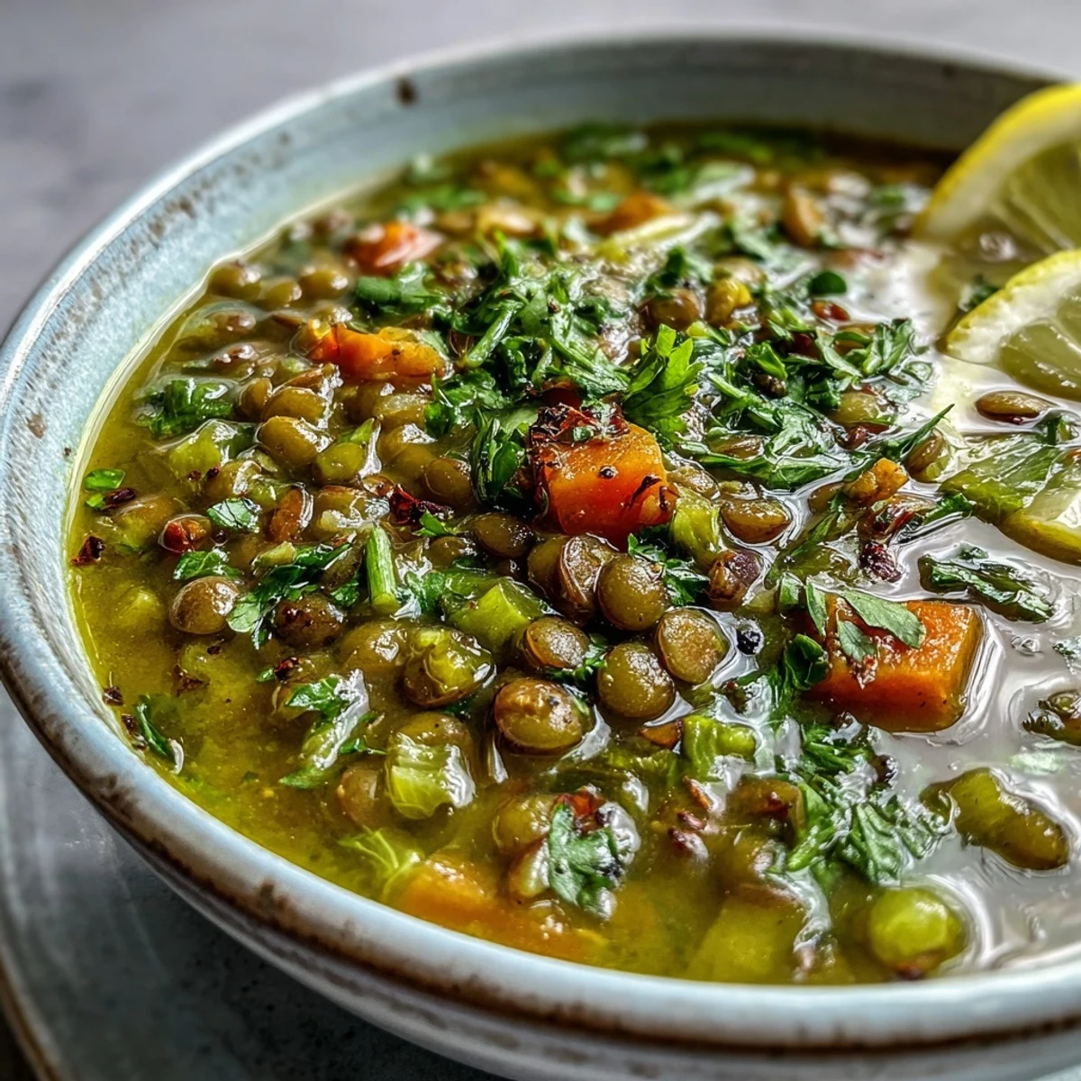 Spoon lifting a ladle of Mung Bean Soup from a pot, revealing soft beans and aromatic ginger-garlic aromatics for a comforting bowl.