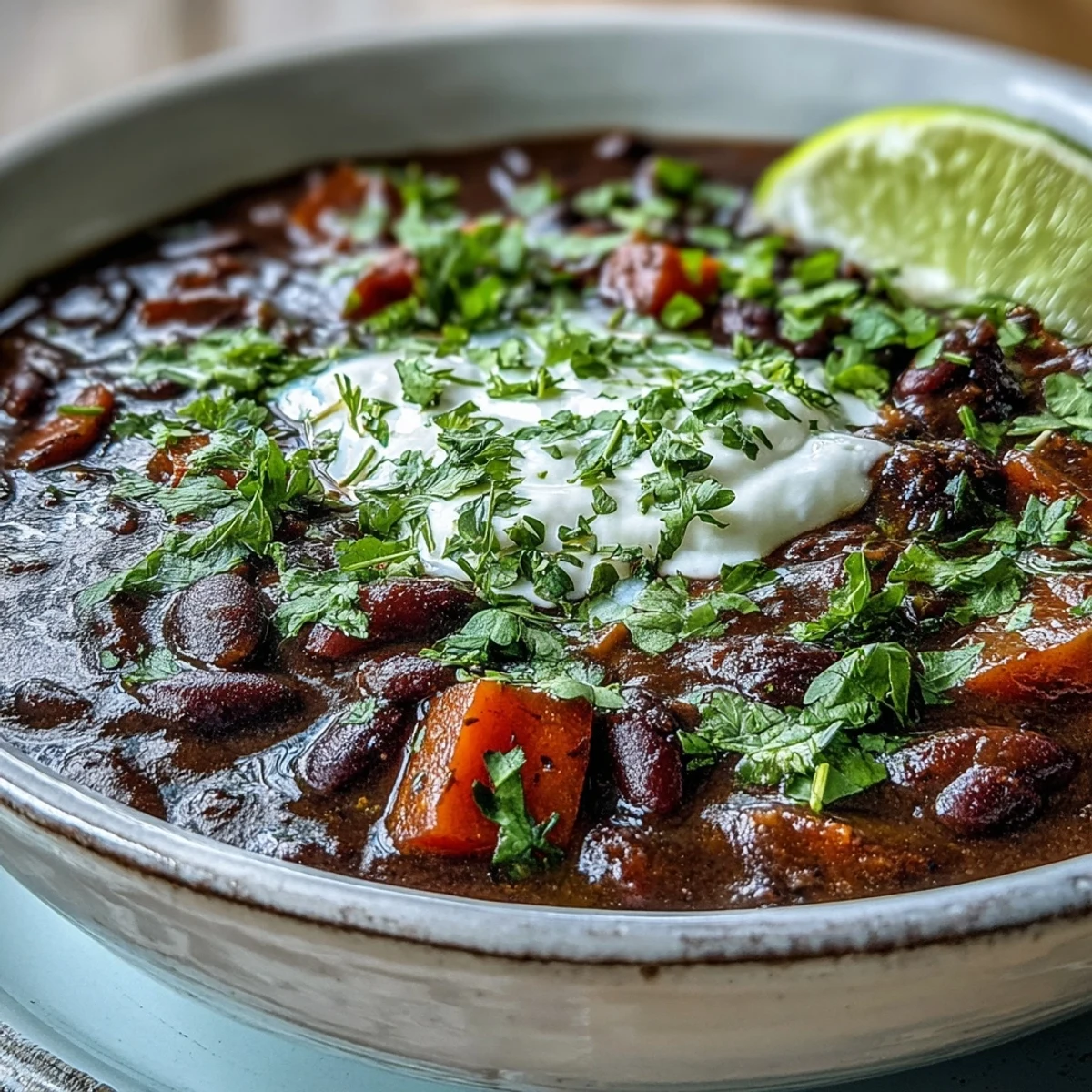 Hearty vegan black bean soup, partially blended for a creamy texture, with diced carrots and celery visible in the spoon.