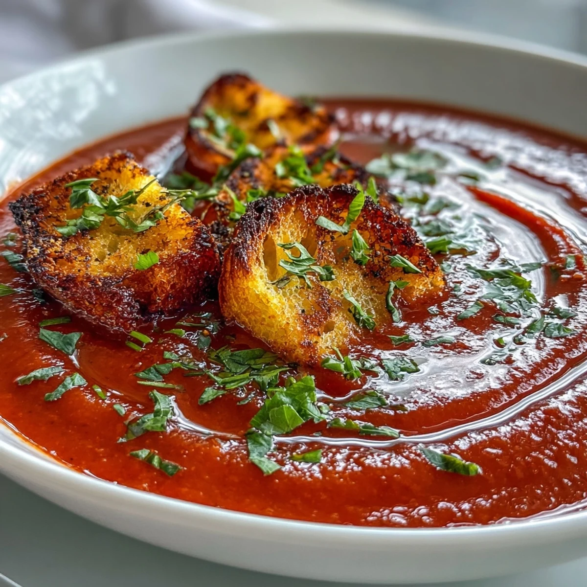 A bowl of vibrant roasted red pepper soup garnished with golden, crunchy croutons.  