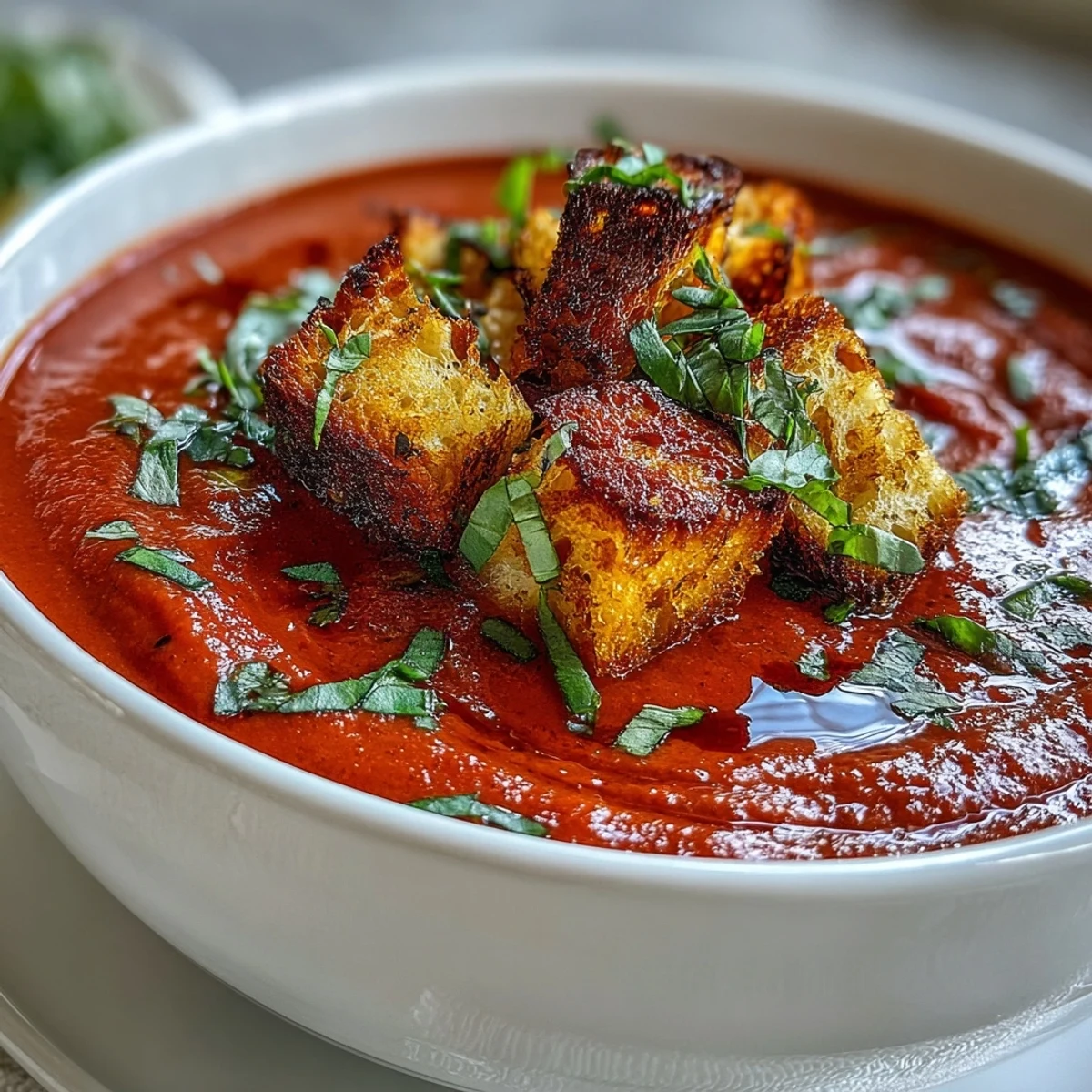 A close-up of silky roasted red pepper soup topped with crispy homemade croutons.