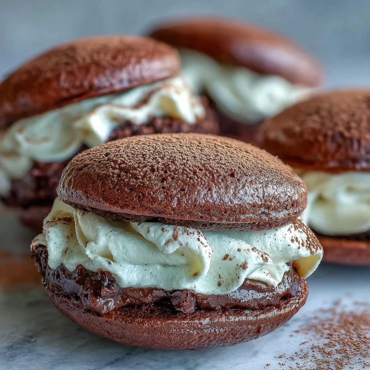 Tiramisu Whoopie Pies with dusted cocoa, perfect for coffee lovers and celebrations.