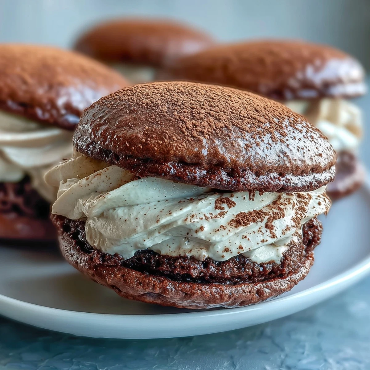 Chilled Tiramisu Whoopie Pies on a marble slab, showcasing rich coffee mascarpone layers.