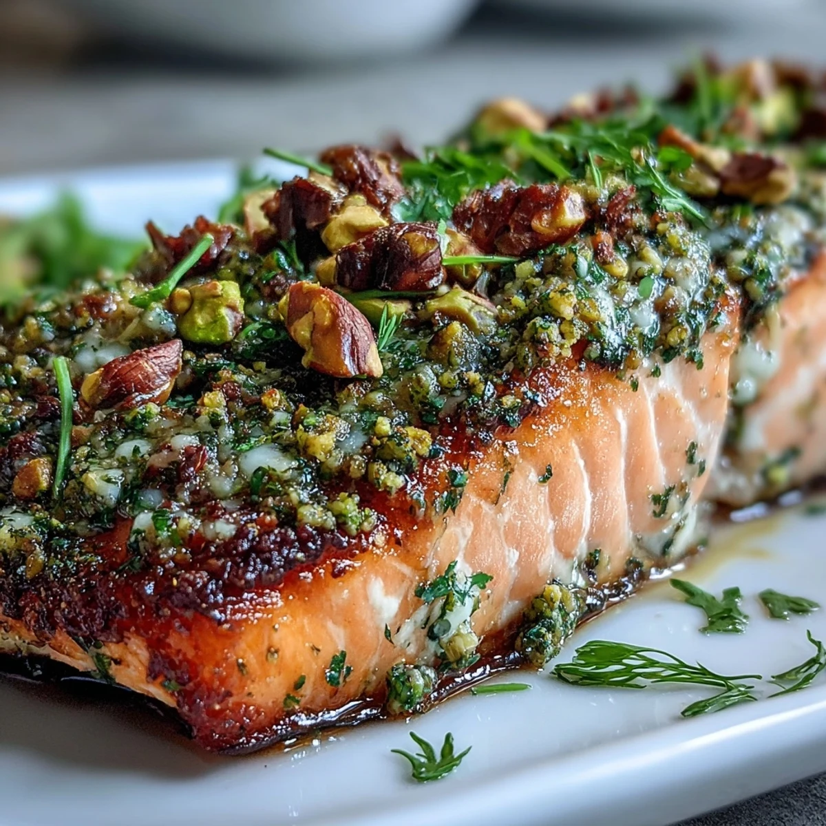 Four fillets of Confit Salmon With Tahini, Pistachio and Herb Crust rest on a plate, glistening with oil and topped with a vibrant, chunky green herb and nut topping.